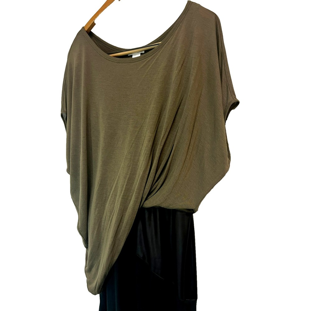 HELMUT LANG Asymmetric Drape Midi Dress Green Black Jersey Brown Vegan Leather S - Picture 4 of 12